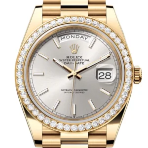Rolex Day-Date 40 Silver Dial Diamond Bezel Yellow Gold President Men's Watch 228348RBR 228348