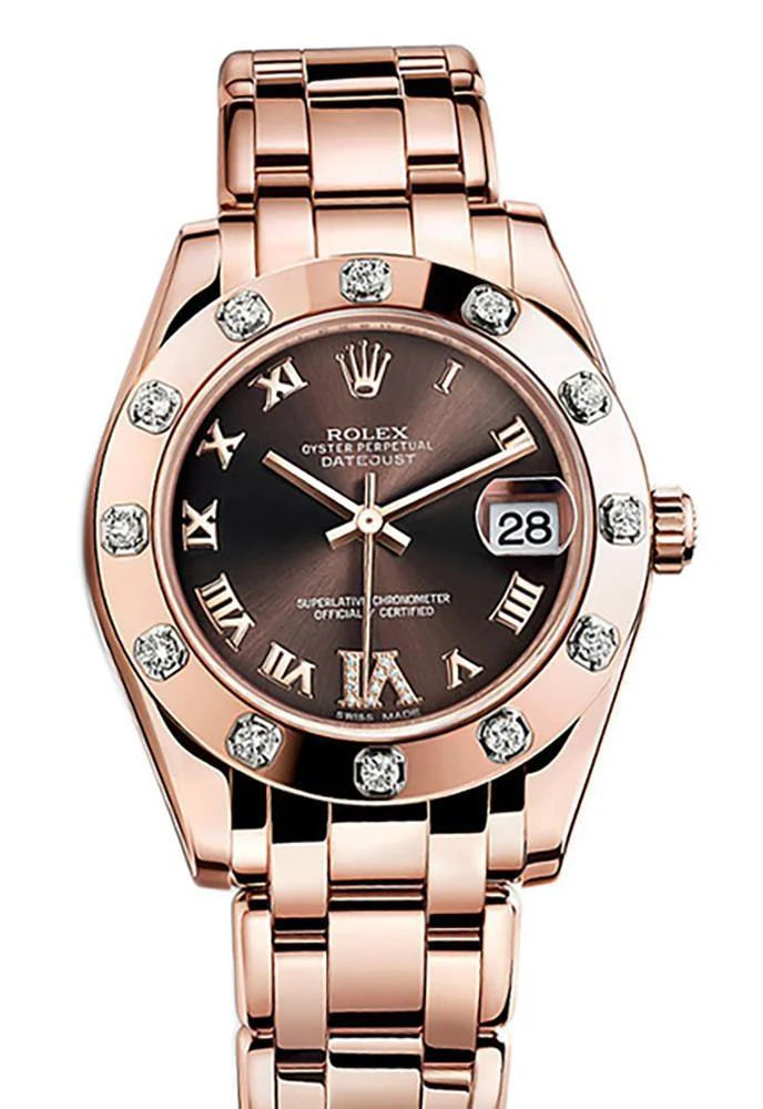Rolex Pearlmaster 34 Chocolate set with Diamonds Set On VI Dial Pearlmaster 18K Rose Gold Watch 81315
